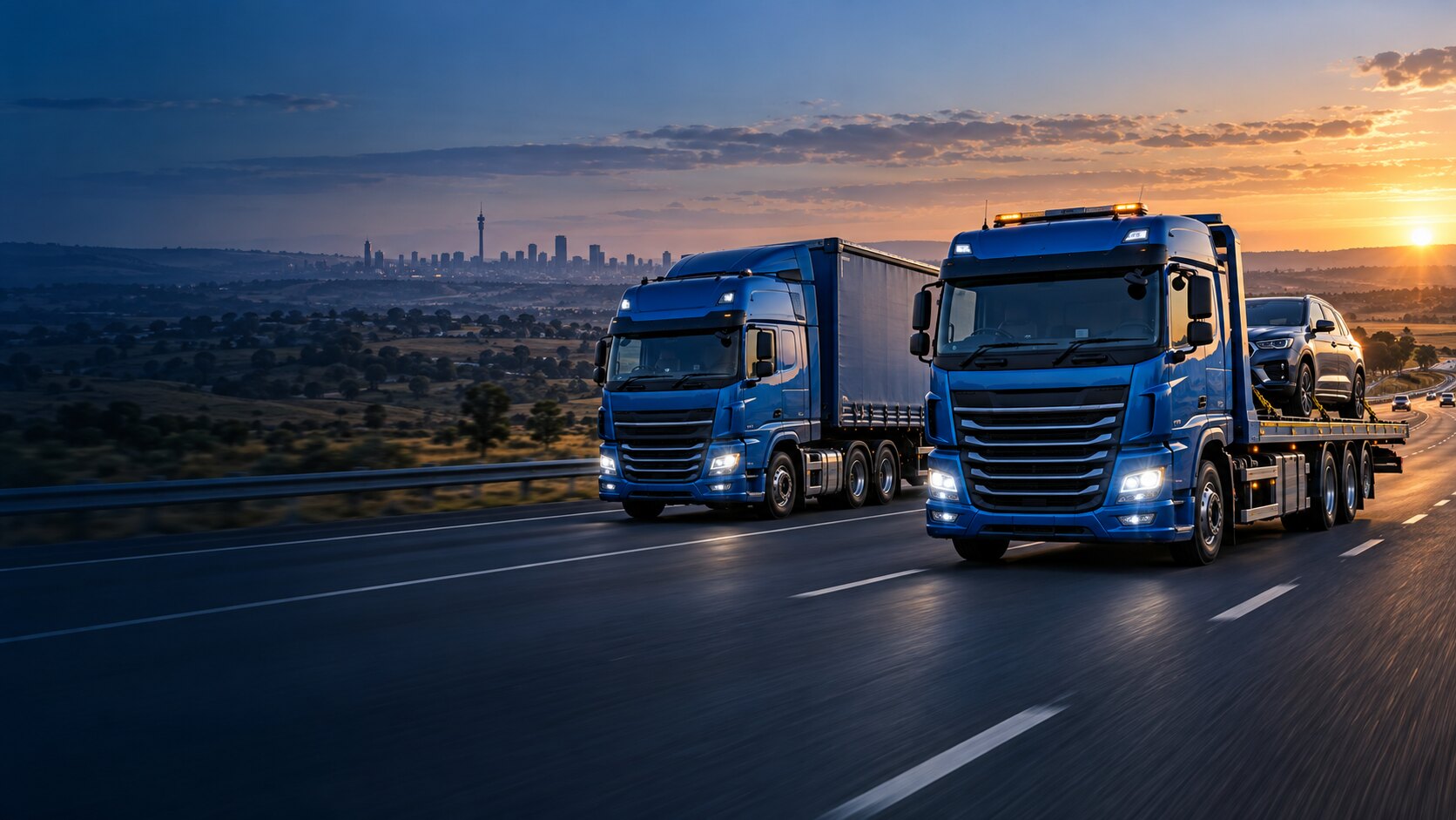 Blue recovery and freight trucks travelling on a South African highway